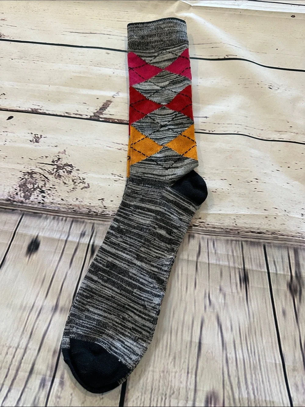Argyle Pattern Men's Crew Sock - Grey with Pink, Red & Orange Accents